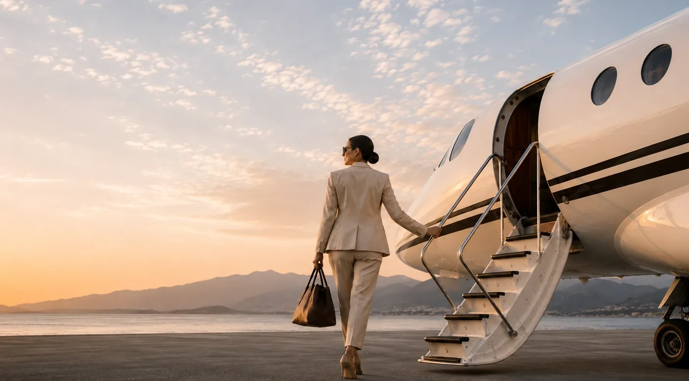 Golden Flights - Private jet charter experience Ejecutiva subiendo la escalerilla de un jet privado de Golden Flights al atardecer, con el avión en primer plano y montañas al fondo